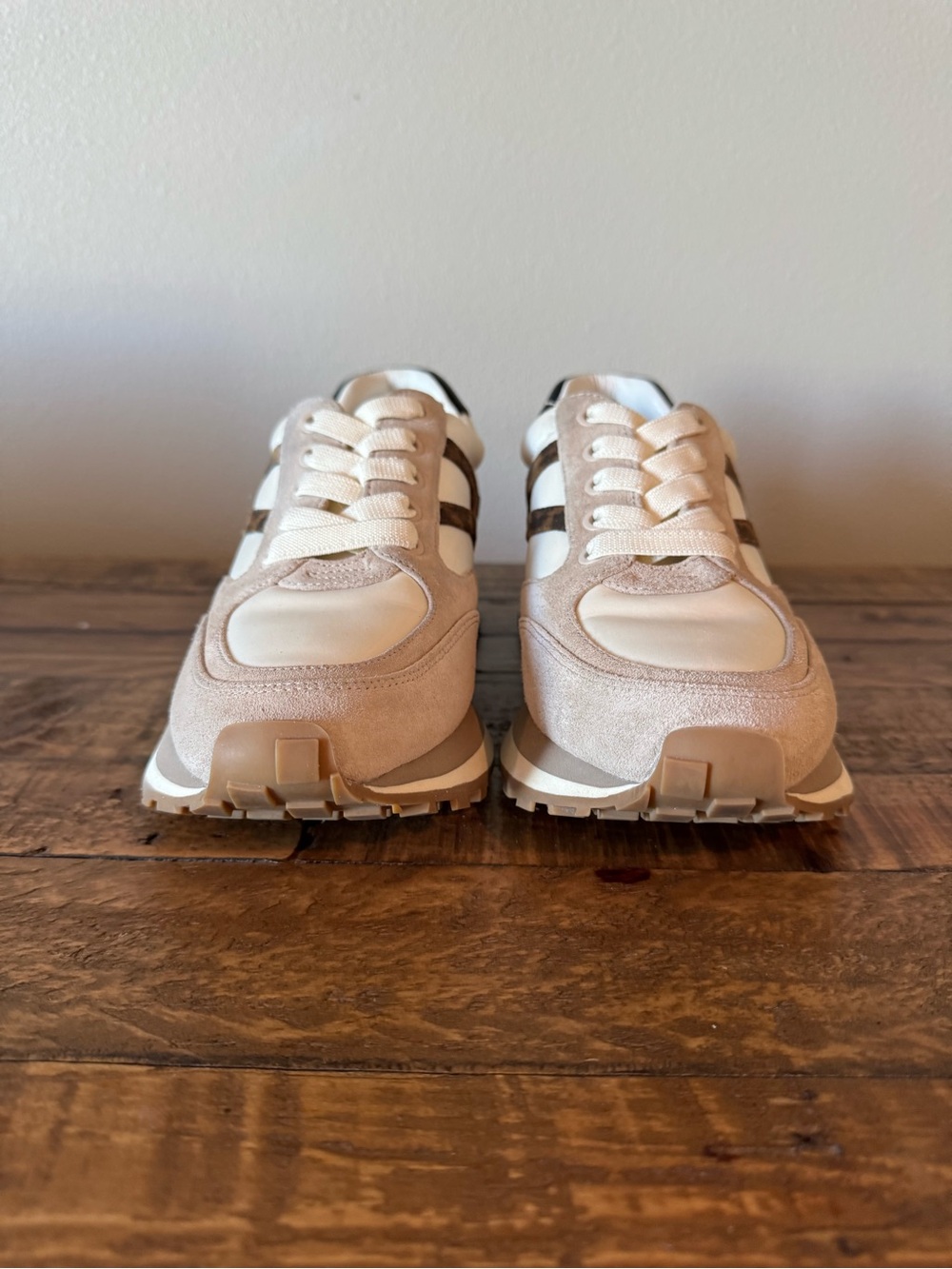 Veronica Beard Valentina Beige, White & Brown Suede Leopard-Accent Sneakers - Picture 2 of 13